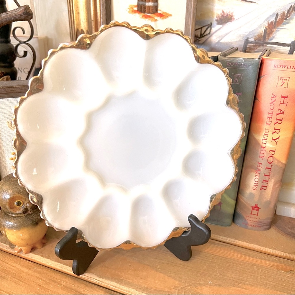 Vintage Anchor Hocking Milk Glass Deviled Egg Divided Plate with Gold Rim 1950s